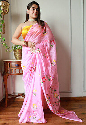 Hand Painted Organza Saree in Pink