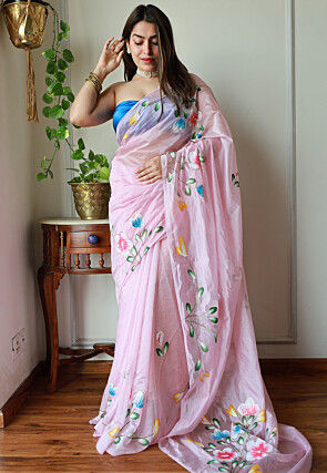 Hand Painted Organza Saree in Pink