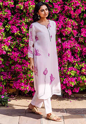 Hand Painted Organza Straight Kurta Set in Baby Pink