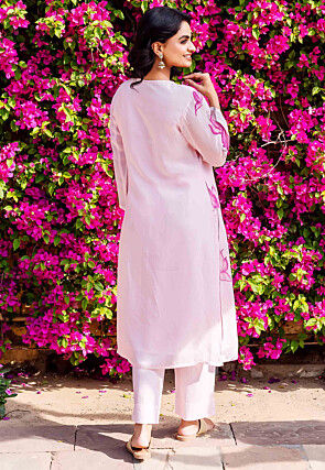 Hand Painted Organza Straight Kurta Set in Baby Pink