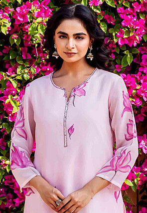 Hand Painted Organza Straight Kurta Set in Baby Pink
