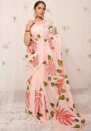 Hand Painted Pure Chanderi Cotton Saree in Light Peach