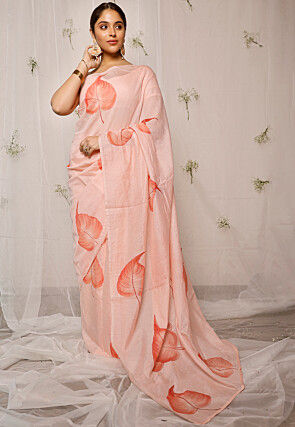 Hand Painted Pure Chanderi Cotton Saree in Light Peach