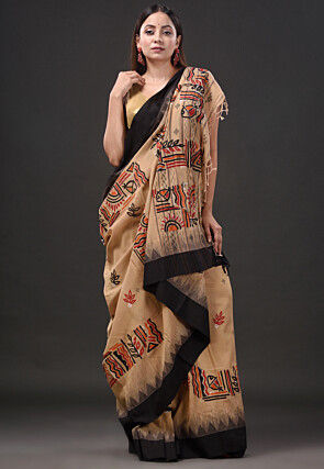 Hand Painted Pure Cotton Saree in Beige