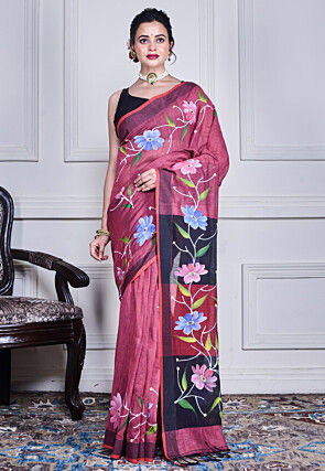 Hand Painted Pure Cotton Saree in Dark Old Rose