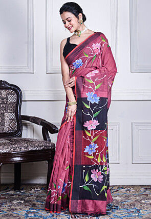 Hand Painted Pure Cotton Saree in Dark Old Rose