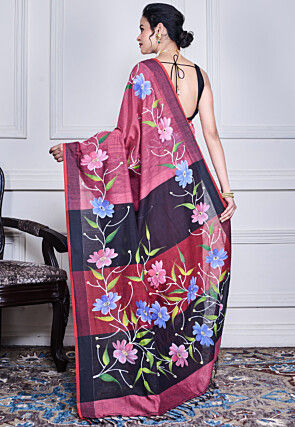 Hand Painted Pure Cotton Saree in Dark Old Rose