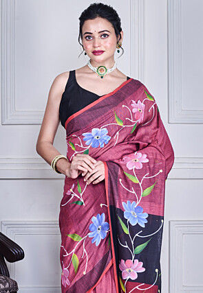 Hand Painted Pure Cotton Saree in Dark Old Rose