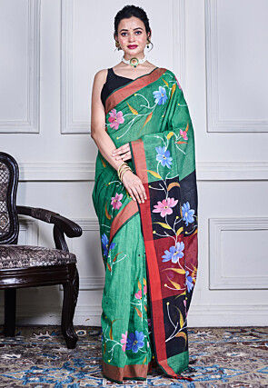 Hand Painted Pure Cotton Saree in Green