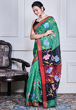 Hand Painted Pure Cotton Saree in Green