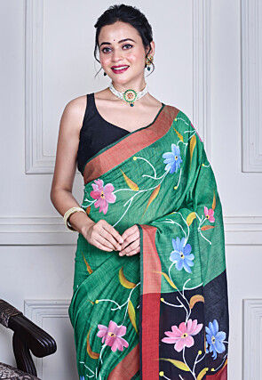 Hand Painted Pure Cotton Saree in Green