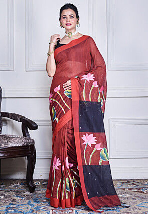Hand Painted Pure Cotton Saree in Maroon