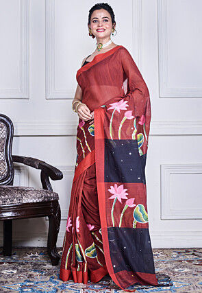 Hand Painted Pure Cotton Saree in Maroon