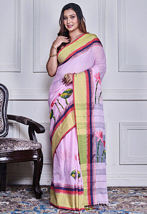 Hand Painted Pure Cotton Saree in Light Pink