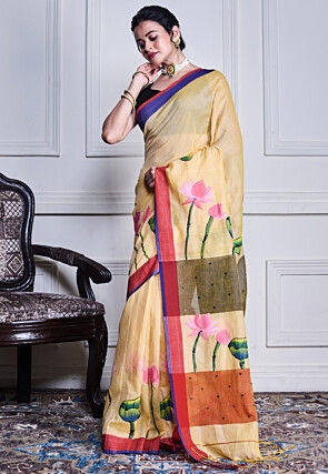 Hand Painted Pure Cotton Saree in Cream
