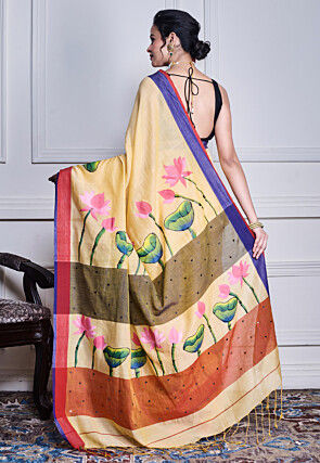 Hand Painted Pure Cotton Saree in Cream