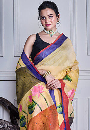 Hand Painted Pure Cotton Saree in Cream