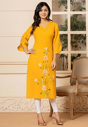 Hand Painted Pure Cotton Straight Kurta in Mustard