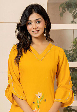 Hand Painted Pure Cotton Straight Kurta in Mustard