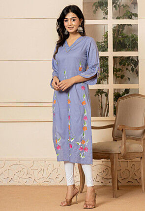 Hand Painted Pure Cotton Straight Kurta in Pastel Blue