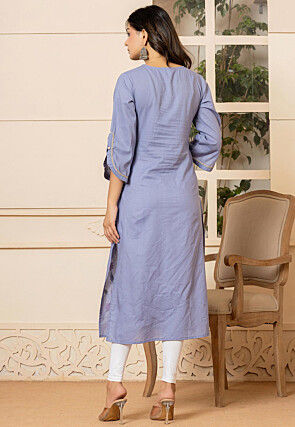 Hand Painted Pure Cotton Straight Kurta in Pastel Blue