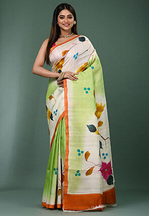 Hand Painted Pure Silk Saree in Light Green