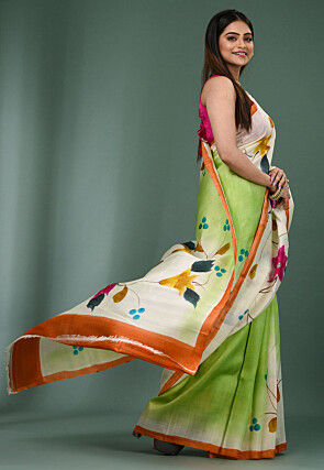 Hand Painted Pure Silk Saree in Light Green