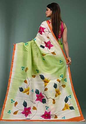 Hand Painted Pure Silk Saree in Light Green