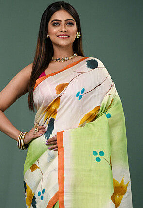 Hand Painted Pure Silk Saree in Light Green