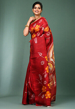 Hand Painted Pure Silk Saree in Maroon