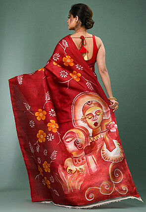 Hand Painted Pure Silk Saree in Maroon