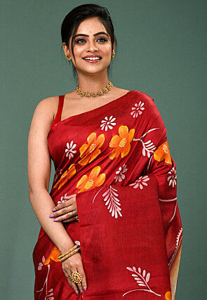 Hand Painted Pure Silk Saree in Maroon