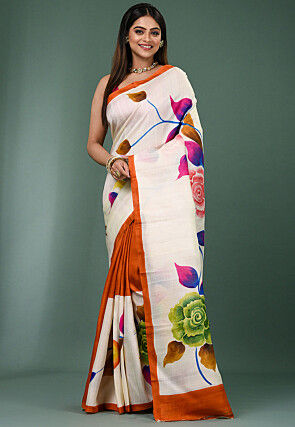 Hand Painted Pure Silk Saree in White and Rust