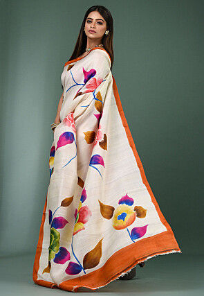 Hand Painted Pure Silk Saree in White and Rust
