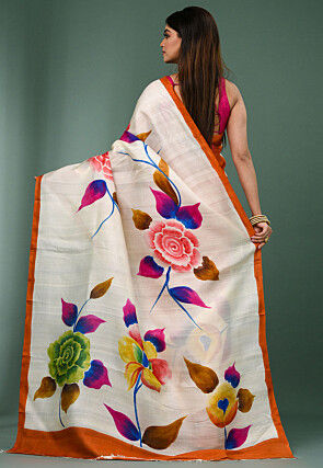 Hand Painted Pure Silk Saree in White and Rust