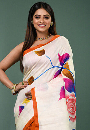 Hand Painted Pure Silk Saree in White and Rust
