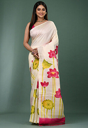 Hand Painted Pure Silk Saree in White