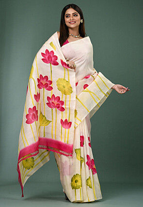 Hand Painted Pure Silk Saree in White
