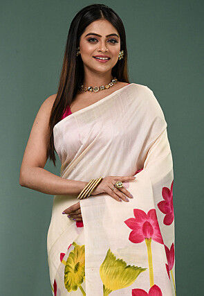 Hand Painted Pure Silk Saree in White