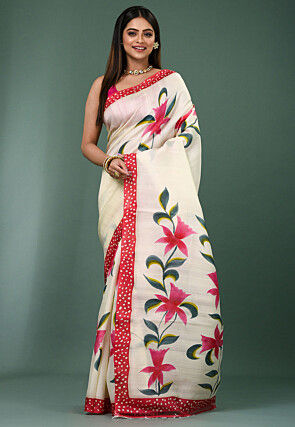 Hand Painted Pure Silk Saree in White