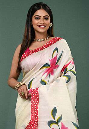 Hand Painted Pure Silk Saree in White