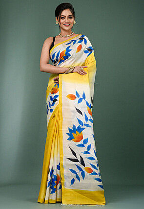 Hand Painted Pure Silk Saree in Yellow