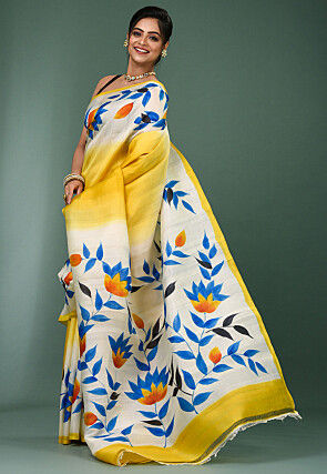 Hand Painted Pure Silk Saree in Yellow