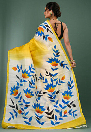 Hand Painted Pure Silk Saree in Yellow