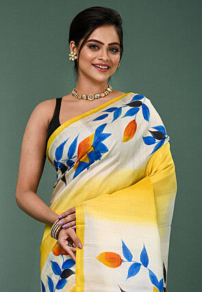 Hand Painted Pure Silk Saree in Yellow