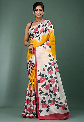 Hand Painted Pure Silk Saree in Yellow