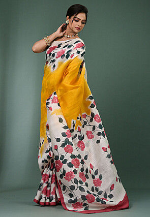 Hand Painted Pure Silk Saree in Yellow