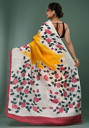 Hand Painted Pure Silk Saree in Yellow