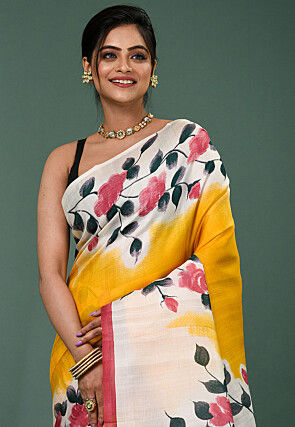 Hand Painted Pure Silk Saree in Yellow