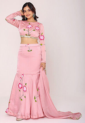 Hand Painted Satin Lehenga in Pink